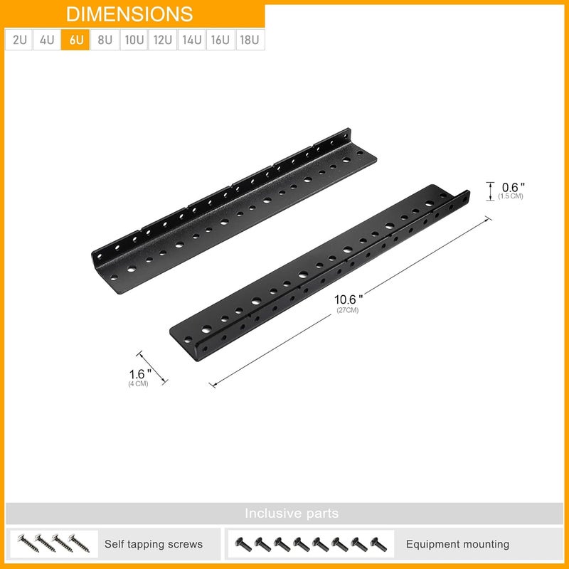 RIVECO 2 PCS 6U Rack Rails, Tapered Holes Rack Mount Rails for Recording & Network Wooden Cabinet Mounting, 3.0 mm Thickness Steel Heavy Duty, Screws Included - Image 4